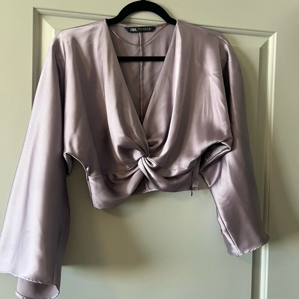 Zara Lavender Satin Knot-Front Crop Top - Picture 2 of 5